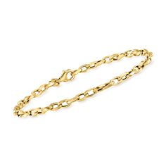 Ross-Simons - Italian 3mm 18kt Yellow Gold Twisted Cable-Chain Bracelet. 7". From Italy, our quintessential 18kt yellow gold cable-chain bracelet gets a subtly modern update with a slightly twisted silhouette. Looks classy and refined on its own, but also adds a timeless quality to your favorite stack. Lobster clasp, 18kt yellow gold cable-chain bracelet. Formal Gold-tone Gold Bracelet With Cable Chain, Elegant Gold-tone Cable Chain Bracelet, Gold-tone Metal Bracelet With Cable Chain, Gold-tone 14k Gold Cable Chain Bracelets, Elegant 14k Gold-filled Yellow Gold Chain Bracelet, Italian Gold Jewelry, Sky Blue Topaz Ring, Gold Rope Chains, Fine Jewelery