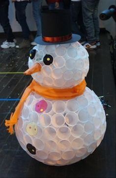 a snowman made out of plastic cups