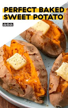 baked sweet potatoes with butter and seasoning on a blue plate, ready to be eaten