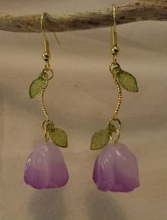 Beautiful lightweight lavender tulip dangle earrings with 14kt gold overlay ear hooks. Elegant Lavender Flower Earrings With Ear Wire, Lavender Dangle Flower Earrings, Lavender Drop Flower Earrings, Purple Dangle Flower Earrings, Purple Flower Drop Earrings, Purple Tulips, Gold Overlay, Pink Tulips, Pink Earrings