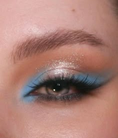 Homecoming Makeup Light Blue, Light Blue Sparkly Eye Makeup, Cinderella Themed Makeup, Blue Halo Eye Makeup, Night Under The Stars Makeup, Eras Tour Debut Makeup, Home Coming Make Up Looks, Pastel Blue Eye Makeup, Mamma Mia Inspired Makeup