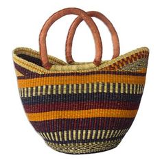 Adams Salley in Ghana presents this wonderful shopping basket hand woven from raffia and dyed with bright colors in a striped pattern. The sturdy handles are wrapped with leather for comfort and reinforcement. Use it as a handy shopping companion or display it in your home as a unique African decor accent. African Decor, Weaving Patterns, Shopping Basket, Basket Weaving, Ghana, Bright Colors, Hand Woven, Straw Bag, Stylish Outfits