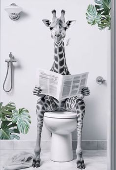 a giraffe sitting on top of a toilet reading a book