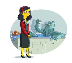 the simpsons character is standing in front of a fountain with an alligator and other cartoon characters