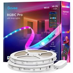 the rgbc pro led strip lights are on display in front of a box