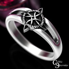 See more options for this design: www.etsy.com/shop/CelticEternity?search_query=1921 Band Height will be proportional to the ring size you order. Example size 7 ring will be 9.8mm near design; 3mm at back band. A Witch's Knot represents the 'knot magic' that was practiced by witches in the Middle Ages. This was often scratched over doorways to keep away negative energy. It is made of two interwoven potent symbols:  The circle, which is universal, and the four-cornered knot, which is Gaelic and can be drawn in one continuous motion without lifting pen from paper. The circle is an ancient symbol used to represent an almost endless number of concepts: the sun, earth, moon, planets, God, eternity, perfection, totality, the continuity of life, heaven, protection, and the universe. Likewise, the Knot Magic, Witch's Knot, Witch Knot, Goddess Ring, Silver Goddess, Witch Rings, Protection Ring, Celtic Ring, Celtic Goddess