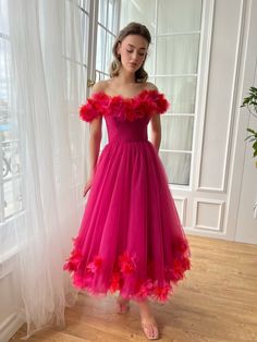 Cerise Fleur Midi Dress | Teuta Matoshi Pink Princess Dress, Teuta Matoshi, Midi Prom Dress, Haute Couture Wedding Dress, Simple Frock Design, Tulle Party Dress, Simple Frocks, Draped Bodice, Green Prom