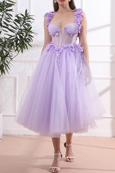 Corset 3D Floral Lavender Dress with Removable Off Shoulders Lavender Tulle Dress With Fitted Bodice, Lavender Tulle Dress With Sweetheart Neckline, Spring Corset Dress With Sheer Bodice, Spring Tulle Corset Dress With Sheer Bodice, Purple Spring Dresses With Corset Back, Fitted Purple Corset Dress For Spring, Spring Purple Fitted Corset Dress, Spring Purple Dress With Corset Back, Strapless Lavender Prom Dress