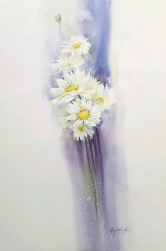 a painting of white daisies in purple vase