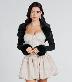 This bolero is the perfect piece for a sophisticated, exclusive look! Designed on smooth rib knit fabric, this is a fashion staple you'll adore featuring fitted long sleeves with plush faux fur cuffs and collar neckline, an open front design, and an ultra-cropped hem. Faux Fur Bolero, Sleeve Bolero, Fur Cuffs, Glitter Clutch, Rib Knit Fabric, Fur Shawl, Bolero Jacket, Faux Fur Collar, Fur Collar