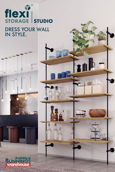 an advertisement for flexi storage studio shows shelves with bottles, glasses and vases on them