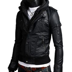 Men black slim fit fabric hooded jacket, men leather hooded jacket, hoodies Fitted Hoodie With Double-lined Hood For Streetwear, Winter Hooded Leather Jacket, Fitted Hooded Biker Jacket With Pockets, Winter Fitted Biker Jacket With Double-lined Hood, Fitted Biker Jacket With Double-lined Hood For Fall, Fitted Hooded Biker Outerwear, Fitted Biker Outerwear With Hood, Fitted Leather Outerwear With Double-lined Hood, Fitted Biker Jacket With Detachable Hood For Winter