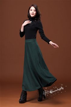 "Detail Info: ❤ Color: dark green ❤ Material: woolen Size XS: Waist: 63cm / 24.8\" Length: 85cm / 33.46\" Size S: Waist: 66.7cm / 26.26\" Length: 85cm / 33.46\" Size M: Waist: 70cm / 27.5\" Length: 85cm / 33.46\" Size L: Waist: 73.30cm / 28.86\" Length: 85cm / 33.46\" Size XL: Waist: 76.67cm / 30.19\" Length: 85cm / 33.46\" Size XXL: Waist: 80cm / 31.50\" Length: 85cm / 33.46\" Custom size please tell us your waist size, hip, and length you want 70-95cm is optional. ❤ Care: machine wash cold and Elegant Green A-line Maxi Skirt, Winter Long Pleated Dress, Winter Dress With Long Pleated Skirt, Green Winter Party Skirt, Fall Green Lined Maxi Skirt, Green Lined Maxi Skirt For Fall, Elegant Winter Maxi Skirt, Winter Party Long Maxi Skirt, Green Lined Skirt For Fall