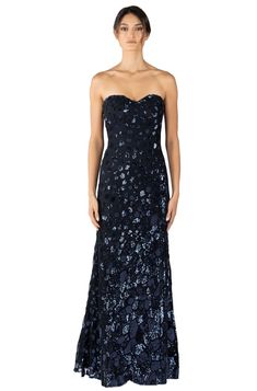 Strapless Fit and Flare Gown Blue Fit And Flare Gown, Sequin Pattern, Flare Gown, Black Tie Affair, Beaded Chiffon, Column Gown, Strapless Gown, Women Helping Women, Top Fabric