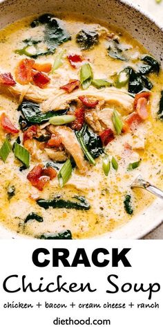 a bowl of chicken soup with spinach and tomatoes