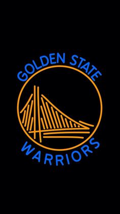 the golden state warriors logo is shown in blue and orange on a black background,