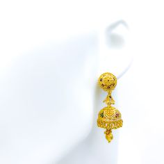 Illuminate your visage with these mesmerizing jhumki earrings, meticulously crafted with a beaded flower motif in gleaming 22k yellow gold. Weighing 15.2 grams, the earrings emanate opulence. The enchanting design cascades down to a length of 1.8 inches, swaying gracefully with every movement. Designed for comfort and ease, they are equipped with a hook back for effortless wear. Product Details Gold Purity(karat): 22k Gold Weight(grams): 15.2 Item Finish: Yellow Gold Earring Style: Hanging/Jhumk Yellow Gold Meenakari Jhumkas For Diwali, Yellow Gold Jhumkas With Latkans For Wedding, Festive 22k Yellow Gold Chandelier Earrings, Yellow Gold Meenakari Jhumkas For Wedding, Festive Yellow Gold Jhumkas With Intricate Design, Festive Yellow Gold Filigree Jhumkas, Festive 22k Yellow Gold Jhumkas, Yellow Gold Filigree Jhumkas, 22k Gold Filigree Jhumkas For Diwali