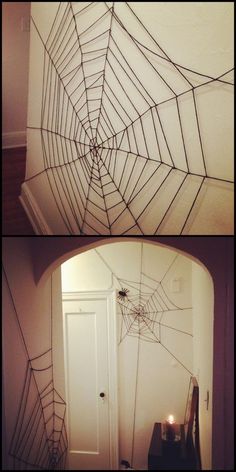 two pictures of a spider web hanging from the ceiling in front of a door with candles on it