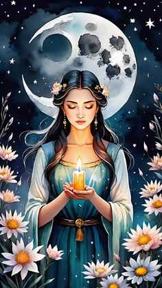 a painting of a woman holding a candle in front of a full moon and flowers