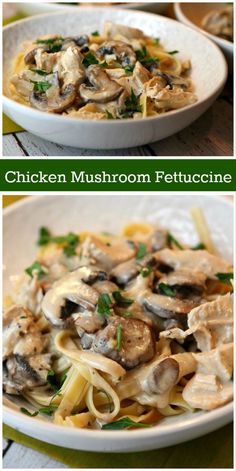 chicken mushroom fettuccine with noodles in a white bowl