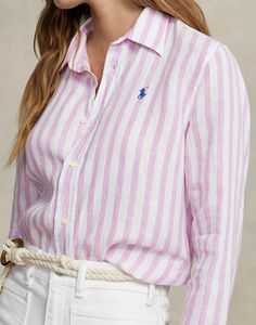 This premium linen shirt lends natural breathability and subtle wrinkles that pair well with Instagrammable photos. Its plain weave cotton blend allows you to stay comfortable while showcasing your unique personal style. Retrostriped collar and cuffs provide customized flair, while thoughtful details like buttoned cuffs and concealed back button placket offer refined versatility. Wear it during adventures for a relaxed look you'll want to share with your followers. Ralph Lauren Linen Shirt, Ralph Lauren Linen, Ralph Lauren Womens Clothing, Lilac White, White Lilac, Linen Shirts Women, Striped Linen Shirt, Polo Ralph Lauren Women, Preppy Aesthetic