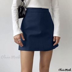 Olivia Mark - Winter High Waist A-line Skirt with Side Slits - Solid Color Knee-Length Skirt Winter Mini Skirts, Chic Tank Tops, Navy Blue Skirt, Blue Mini Skirt, Elegant Skirt, Body Dress, Elegant Dresses Long, Blue Skirt, Knee Length Skirt