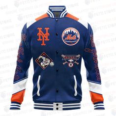 New York Mets American League Baseball Varsity Jacket SH1 V2 VARSITY JACKET The varsity jacket is perfect for the ones who are looking for a statement outwear option to make a cool casual outfit. It is not only trendy but also a practical item to wear during the colder season. It is perfect for casual... Sport Events, Knitted Collar, Baseball Varsity Jacket, Women Camping, National Football League, Baseball Jacket, New York Mets, Football League, Atlanta Braves