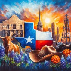 a painting of texas with cowboy hats and flowers