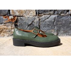 Vintage style inspired green Mary Jane Shoes on platform sole. Platform Shoes lightweight made by genuine italian leathers. Incomparable comfort and safe steps since they carry mid heel nonslip rubber chunky sole. Anatomicaly cushioned all along with foamy material inner sole for comfort walking. Genuine italian leathers are always used on the upper and for lining. Orders in another color of your choice from the available ones in our listings are accepted.Custom made orders in special types of l Green Mary Janes, Oxford Flats, Personalized Shoes, Womens Mary Janes, Mary Jane Shoes Womens, Platform Mary Janes, Womens Wedding Shoes, Mary Jane Shoes, T Strap