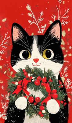 a black and white cat with red berries on it's chest holding a christmas wreath