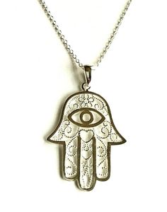 "925 STERLING SILVER HAMSA NECKLACE . FOR PROTECTION AND GOOD LUCK. 16\" TO 18\" ADJUSTABLE CHAIN PENDANT SIZE : 30 mm X 23 mm CADENA DE 925 PLATA ESTERLINA MANO DE FATIMA . LA MANO DE FATIMA PARA BUENA SUERTE Y PROTECCION. 16\" A 18\" AJUSTABLE CADENA TAMAÑO DEL DIJE :30 mm X 23 mm" Elegant Silver Charm Necklaces For Good Luck, Elegant Silver Good Luck Charm Necklace, Spiritual Silver Charm Necklace As Gift, White Good Luck Charm Necklaces, Traditional Sterling Silver Jewelry For Good Luck, Spiritual Silver Stainless Steel Necklace, White Pendant Necklace For Good Luck, Symbolic Silver Necklace With Adjustable Chain, Spiritual White Charm Necklace Nickel-free