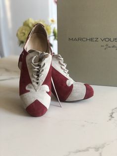 "Beautiful vintage style of sample Marchez Vous art deco heels. Made in Italy of grey and burgundy suede with an art deco pattern and front leather laces. 3.5\"  heel and a .5\" hidden platform. Technically sized 6.5, but fits like a small 6; I am a 5.5, and they are comfortablly snug. Used for modeling so there is some light wear on the leather sole. Only 2 pairs we're ever made.  Shoe is made with a built in high rebound Poron insole for long lasting comfort. Insole makes heel 4\" off the grou Art Deco Lace, Deco Pattern, Art Deco Pattern, Beautiful Skirts, Lace Up Heels, Hats Vintage, Womens Heels, Leather And Lace, Shoes Women Heels