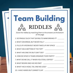 a printable team building riddles game is shown on top of a wooden table