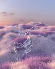 an artistic image of a woman sitting in the middle of a field with purple grass