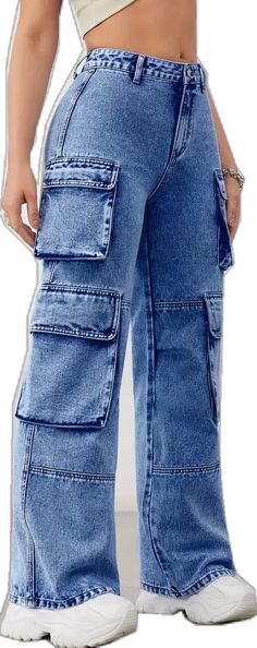 Blue Cargo Pants, Women Denim Jeans, Wide Leg Denim, Jean Outfits, High Waisted Pants, Denim Pants, Cargo Pants, Sky Blue, Denim Jeans