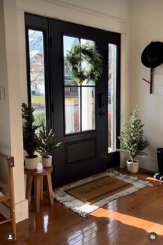 a black front door with two potted plants and a welcome mat on the floor