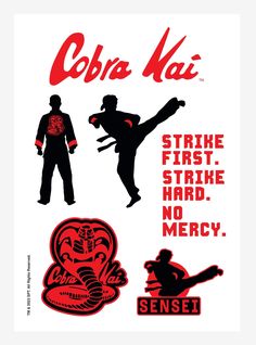 an advertisement for cobra nai with two men in silhouettes and one man holding a karate