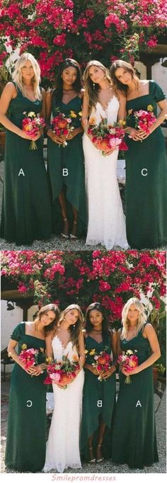 the bridesmaids are posing for pictures in their green dresses and matching bouquets