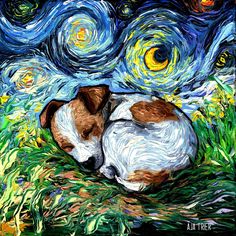 a painting of a dog sleeping in the grass under a night sky with stars and swirls