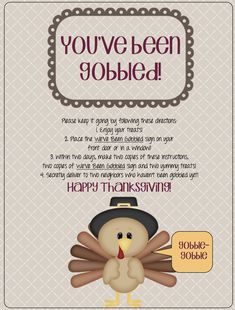 a thanksgiving card with a turkey wearing a pilgrim hat and saying you've been gobbled