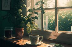 a cup of coffee sitting on top of a window sill next to a potted plant