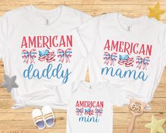 These matching American Mama, Daddy and Mini shirts are perfect for wearing this Fourth of July. Buy it for yourself or as the perfect Independence Day gift for a new family. American Family 4th of July shirts, Mama Daddy Mini Matching Tees, Fourth of July t-shirts, July 4th shirt, Independence Day shirts ⭐️HOW TO ORDER⭐️ Select your quantity of shirts in the specific colour/size and click "ADD TO BASKET"   Repeat as needed by returning to the listing button to add more shirts. Proceed to Checko Patriotic Tops With Custom Print For Independence Day, Patriotic Tops With Independence Day Custom Print, Patriotic Tops With Independence Day Print, Independence Day Patriotic Tops With Custom Print, Patriotic Tops With Custom Print For 4th Of July, Family Matching 4th Of July T-shirt With Graphic Print, Family Matching Independence Day Graphic T-shirt, Family Matching Short Sleeve T-shirt For 4th Of July, Family Matching T-shirts For 4th Of July