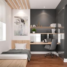 a bedroom with a bed, desk and chair next to a wall mounted book shelf