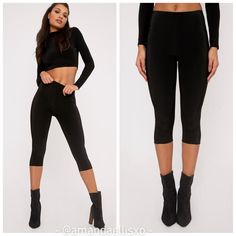 Prettylittlething Rio Black Slinky Cropped Leggings In A Super Slinky And Soft Fabric, These Cropped Leggings Are The Perfect On Trend Addition To Your Wardrobe! Wear Them With Anything From An Oversized Tee To Crop Tops And Bodies. Brand New With Tags From Clean And Smoke Free Home I Want You To Love Your Purchase! Please Double Check The Measurements Which Can Be Found In The Photos To Ensure It Will Fit. Offers That You Don't Make Will Never Be Accepted. Ask Away. Trendy Stretch Leggings For Party, Spring Party Leggings With High Stretch, High Stretch Party Leggings For Spring, Trendy Fitted Leggings For Club, Fitted Elastane Bottoms For Club, Trendy Fitted Club Leggings, Chic Stretch Leggings For Club, High Waist Stretch Leggings For Club, Chic Elastane Leggings For Party