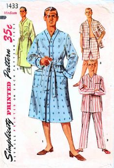 SIMPLICITY 1433: Use this mid-1950s vintage sewing pattern for men to sew a timeless sleepwear wardrobe, including short pajamas, long pajamas, and robe. Scroll down to learn more about the size, pattern condition, and garment details. SIZE INFORMATION: Men Size Medium Neck 15-15.5 inches Chest 38-40 inches Waist 34-36 inches PATTERN CONDITION: COMPLETE, UNUSED (instructions and all pattern pieces (uncut and in original folds)) GARMENT INFORMATION: Robe/pajama top details: - loose-fitting - hip and breast patch pockets trimmed with bands and corded piping - cardigan V-neckline trimmed with band and corded piping - long sleeves trimmed with band and corded piping or short sleeves - belt carriers and tie belt - front button closure Pajamas pants details: - long straight legs - fly front butt 1950s Outfit Men, Retro Long Sleeve Sleepwear For Loungewear, Retro Long Sleeve Sleepwear For Home, Fitted Retro Sleepwear For Loungewear, Retro Fitted Sleepwear For Loungewear, Pajamas Drawing, 1950s Sleepwear, Sewing Pattern For Men, Sleep Fits