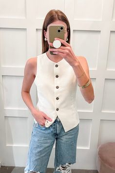 So chic! Our Abby Buttoned Waistcoat Vest has an elevated vibe and looks adorable with denim and flats. Features full-button front. True to size. Allie is 5'8" and is wearing a small. Sales Gifts, Dress Shoes, How To Wear