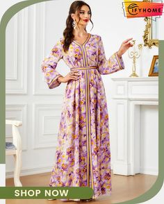 Women's Arabian Polyester Full Sleeves Floral Pattern Dress V-neck Floral Print Dress For Eid, Flowy V-neck Dresses For Eid, Fitted Casual Dress For Eid, Casual Fitted Dresses For Eid, Printed V-neck Dress For Eid, Floral Print V-neck Dress For Eid, Eid Fitted V-neck Dress, Fitted V-neck Dress For Eid, Printed Fitted Dress For Eid