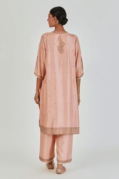 Salmon pink three fourth sleeves A-line silk kurta with paisley gul Marodi embroidery using gold zari thread work on the yoke and buta detailing. Paired with an embroidered hem palazzo. - Aza Fashions Festive Silk Palazzo Set With Set-in Sleeves, Silk Kurta With Set-in Sleeves For Wedding, Elegant Festive Set With 3/4 Sleeve, Elegant Festive Sets With 3/4 Sleeve, Elegant Holiday Set With 3/4 Sleeves, Elegant Kurta With 3/4 Sleeves For Festive Occasions, Elegant Kurta With 3/4 Sleeve For Eid, Elegant 3/4 Sleeve Kurta For Eid, Marodi Embroidery