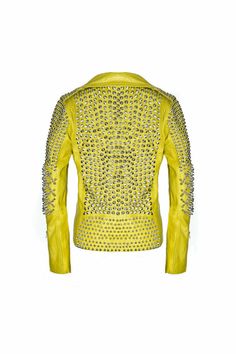 Women's Yellow Color Premium Leather Slim Fit Full Silver Spike Studded Jacket on Storenvy Pregnancy Shoes, Studded Jacket, Gaming Clothes, Brand Collection, Workout Jacket, Beautiful Fashion, Yellow Color, Photography Print, Cowhide Leather