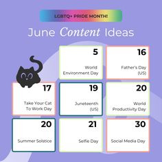 the june content ideas calendar with an image of a black cat on top of it